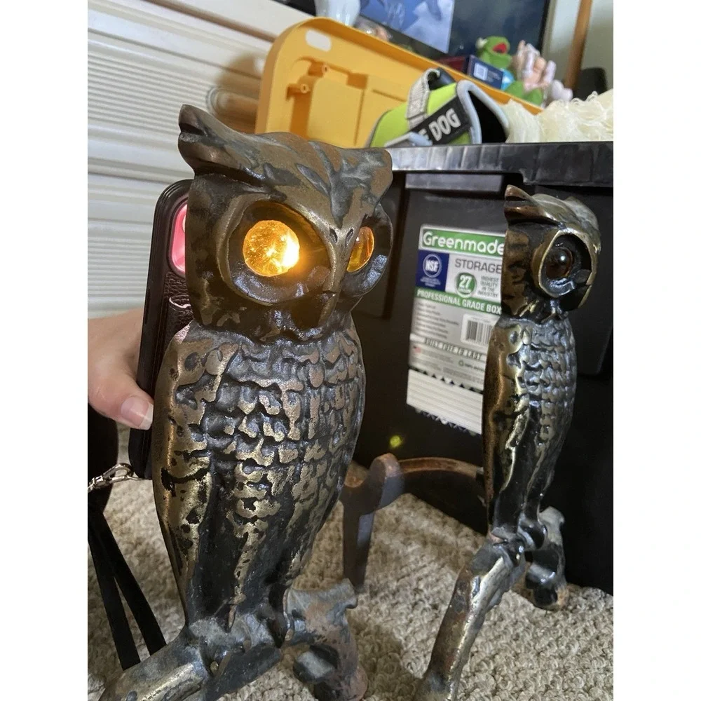 Antique Vintage Brass Owl Andirons Fireplace Amber Glass Eyes‎ 13